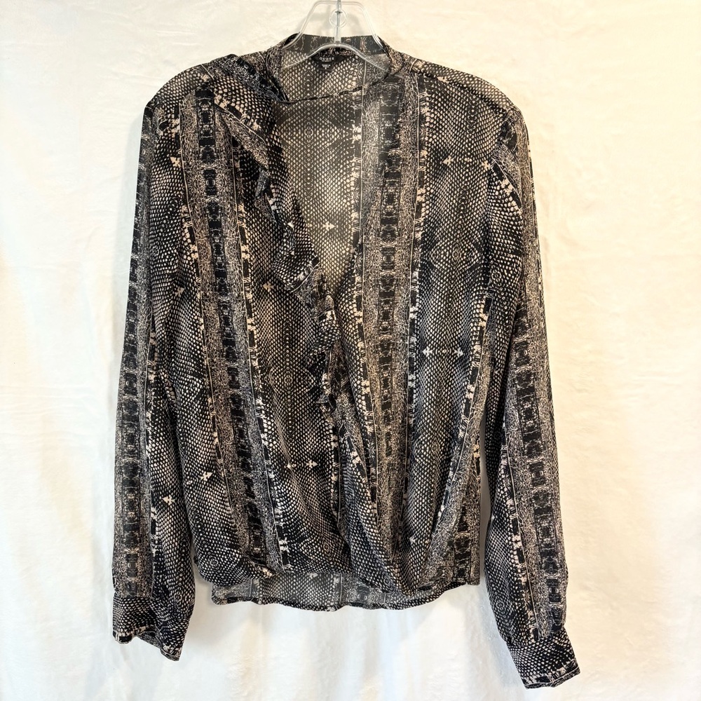 GUESS Sheer Snake Print Blouse Small Ruffle Front Long Sleeve Boho Festival Top